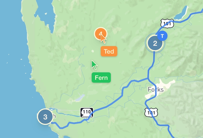 Two collaborators editing a route on the Olympic Peninsula, with live cursors showing Ted and Fern working on different parts of the map.