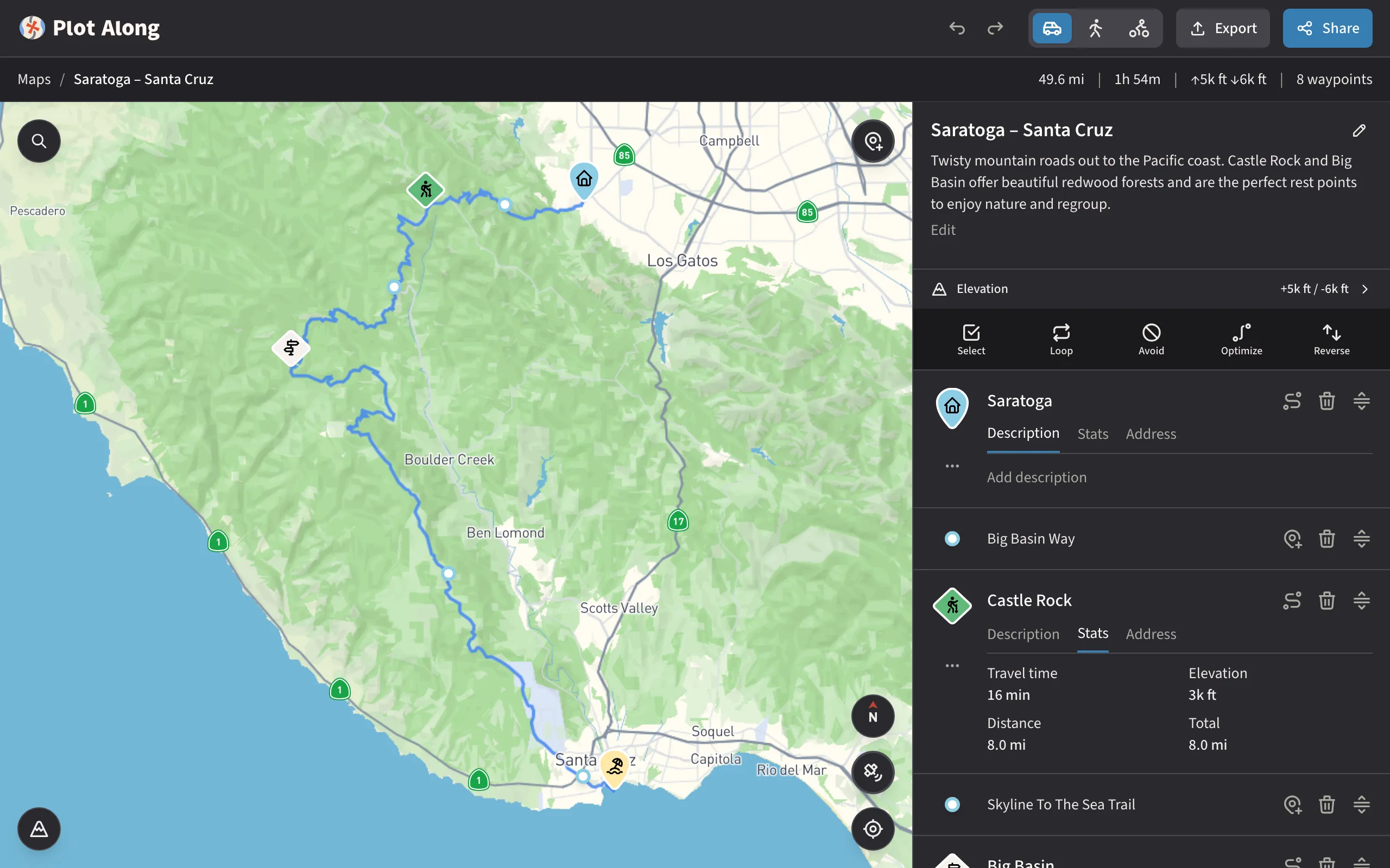 Plot Along route planner showing a mountain road trip from Saratoga to Santa Cruz