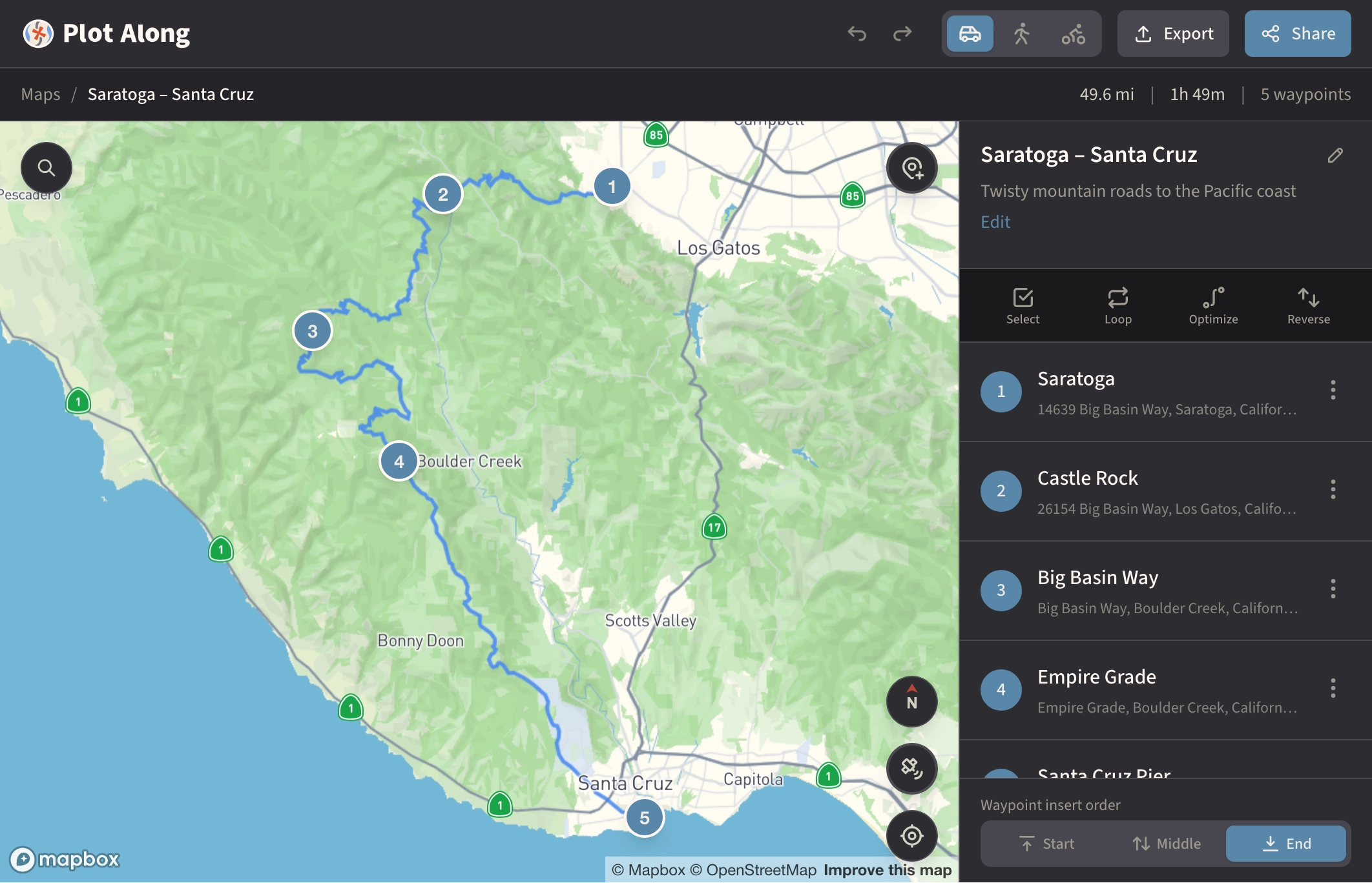 Plot Along route planner showing a mountain road trip from Saratoga to Santa Cruz