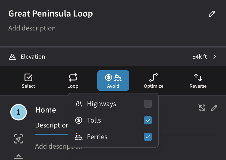 The Avoid popover in the waypoint controls row, with checkboxes for Highways, Tolls, and Ferries.