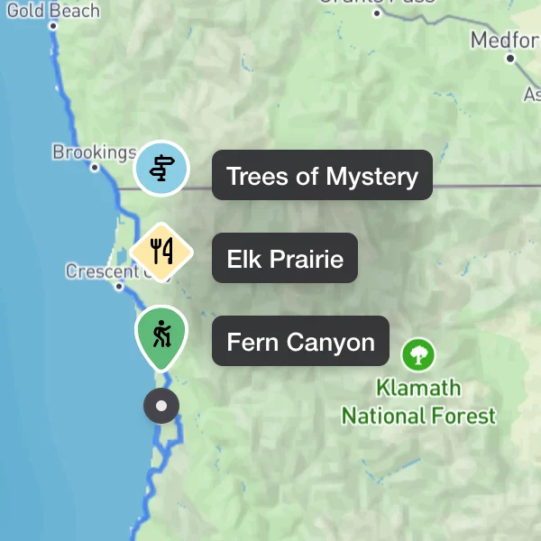 An expanded waypoint cluster on the Plot Along map, showing its grouped markers as a readable list.